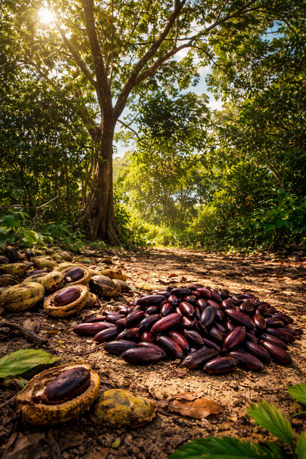 Árvore e sementes de cumaru na floresta amazônica
